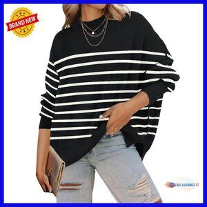Oversized Ribbed Knit Pullover Sweater Batwing Sleeves Side Slit
